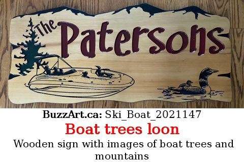 Wooden sign with images of boat trees and mountains